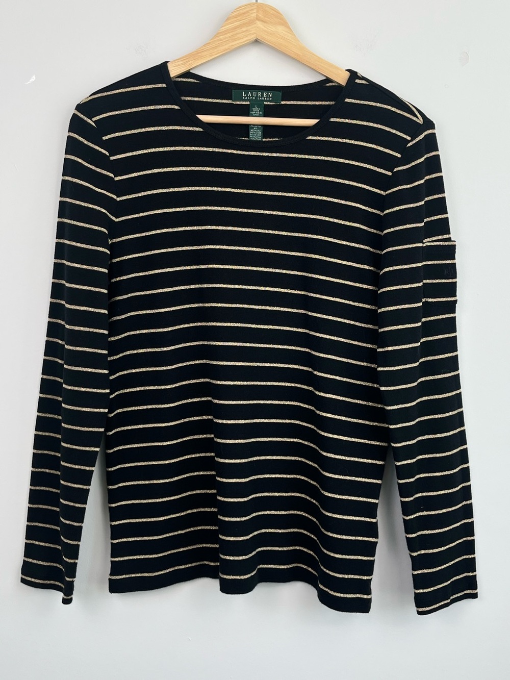 Lauren Ralph Lauren black & gold stripe long sleeve knit top, large.